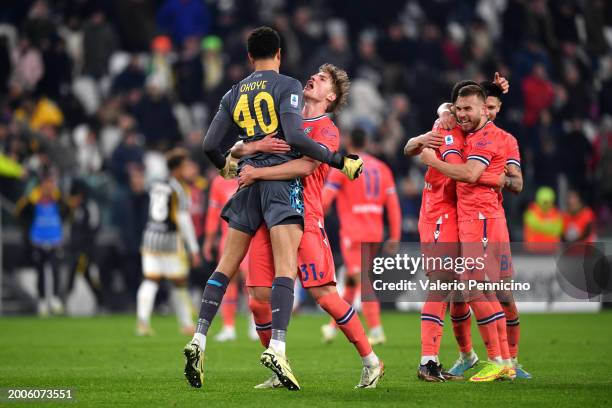 Thomas Thiesson Kristensen and Maduka Okoye of Udinese Calcio celebrate following victory in the Serie A TIM match between Juventus and Udinese...