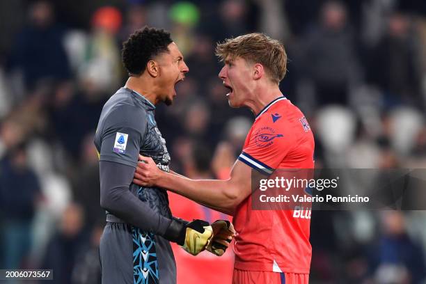 Thomas Thiesson Kristensen and Maduka Okoye of Udinese Calcio celebrate following victory in the Serie A TIM match between Juventus and Udinese...