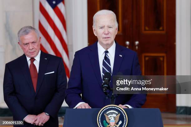 President Joe Biden delivers remarks alongside King of Jordan Abdullah II ibn Al Hussein after a meeting at the White House on February 12, 2024 in...