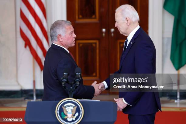 President Joe Biden shakes hands with King of Jordan Abdullah II ibn Al Hussein after giving remarks White House on February 12, 2024 in Washington,...