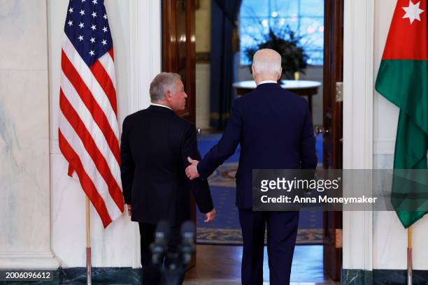 President Joe Biden departs with King of Jordan Abdullah II ibn Al Hussein after giving remarks White House on February 12, 2024 in Washington, DC....