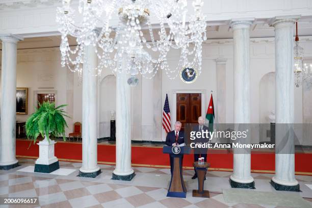 King of Jordan Abdullah II ibn Al Hussein delivers remarks alongside U.S. President Joe Biden after a meeting at the White House on February 12, 2024...