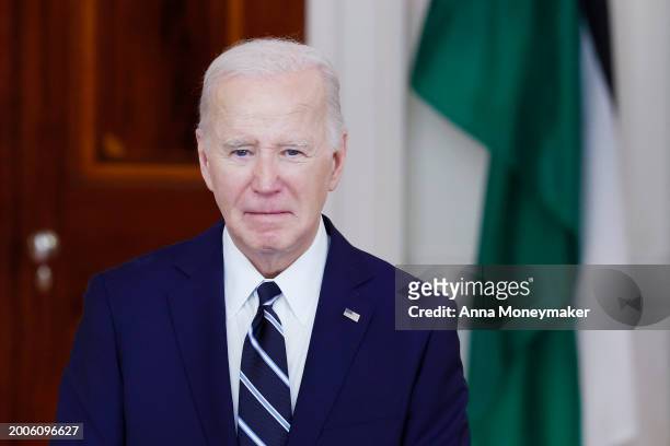 President Joe Biden listens as King of Jordan Abdullah II ibn Al Hussein speaks at the White House on February 12, 2024 in Washington, DC. The King...