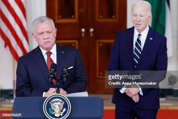 King of Jordan Abdullah II ibn Al Hussein delivers remarks alongside U.S. President Joe Biden after a meeting at the White House on February 12, 2024...