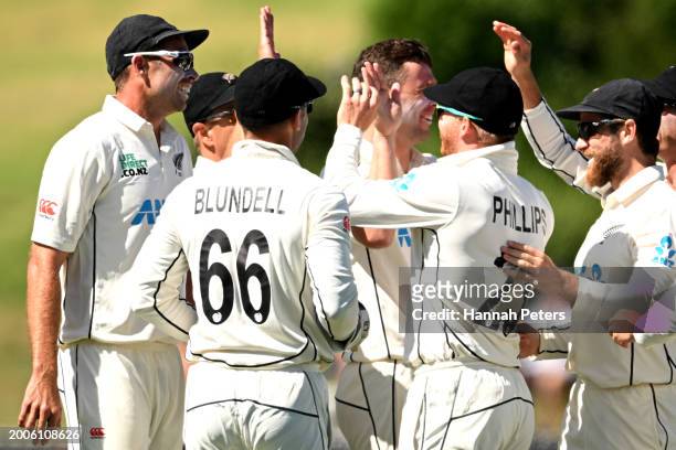 Glenn Phillips of the New Zealand Black Caps celebrates after making a catch to dismiss Clyde Fortuin of South Africa during day one of the Men's...