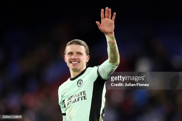 Conor Gallagher of Chelsea acknowledges the fans following victory in the Premier League match between Crystal Palace and Chelsea FC at Selhurst Park...