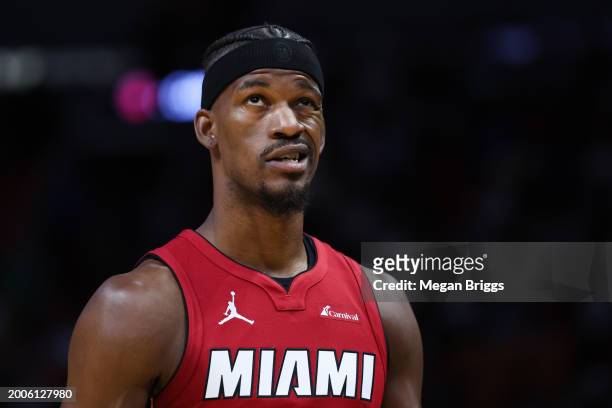 Jimmy Butler of the Miami Heat reacts during the first quarter of the game against the San Antonio Spurs at Kaseya Center on February 07, 2024 in...