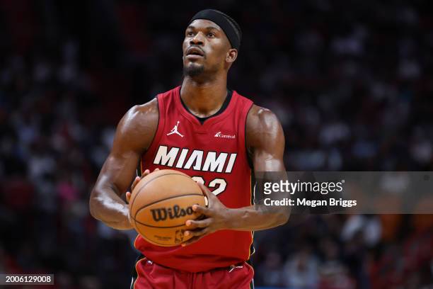 Jimmy Butler of the Miami Heat shoots a free throw during the first quarter of the game against the San Antonio Spurs at Kaseya Center on February...