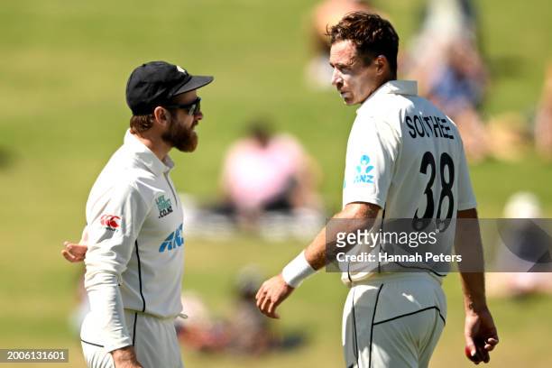 Kane Williamson of the New Zealand Black Caps and Tim Southee of the New Zealand Black Caps during day one of the Men's Second Test in the series...