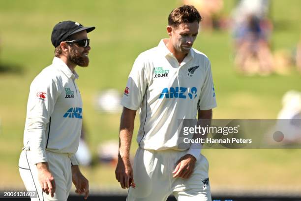 Kane Williamson of the New Zealand Black Caps and Tim Southee of the New Zealand Black Caps during day one of the Men's Second Test in the series...