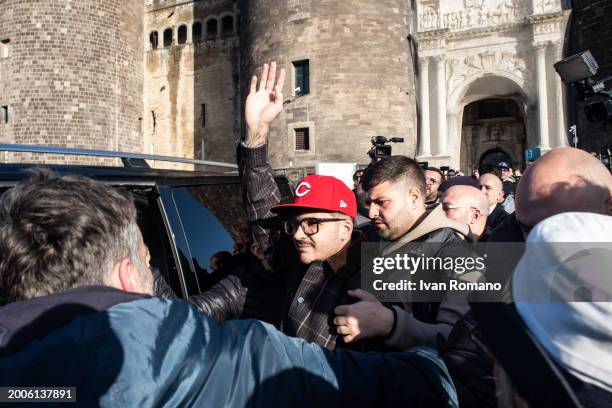 The rap singer Emanuele Palumbo aka Geolier on February 12, 2024 in Naples, Italy. The rap singer Emanuele Palumbo aka Geolier receives a plaque of...