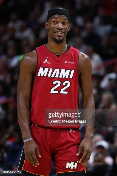 Jimmy Butler of the Miami Heat reacts during the fourth quarter of the game against the San Antonio Spurs at Kaseya Center on February 07, 2024 in...