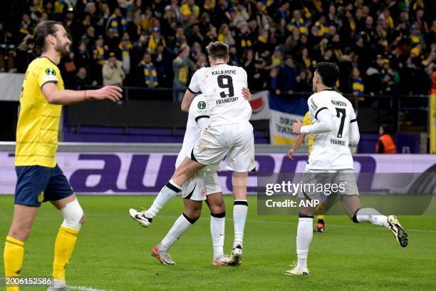 Sasa Kalajdzic of Eintracht Frankfurt celebrates the 0-2 during the UEFA Europa League play-off match between R. Union Sint Gillis and Eintracht...