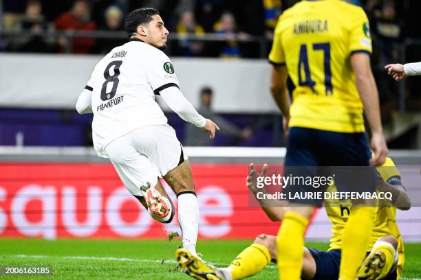 Frankfurt's Algerian midfielder Fares Chaibi celebrates scoring his team's first goal during the UEFA Conference League football match between Royale...