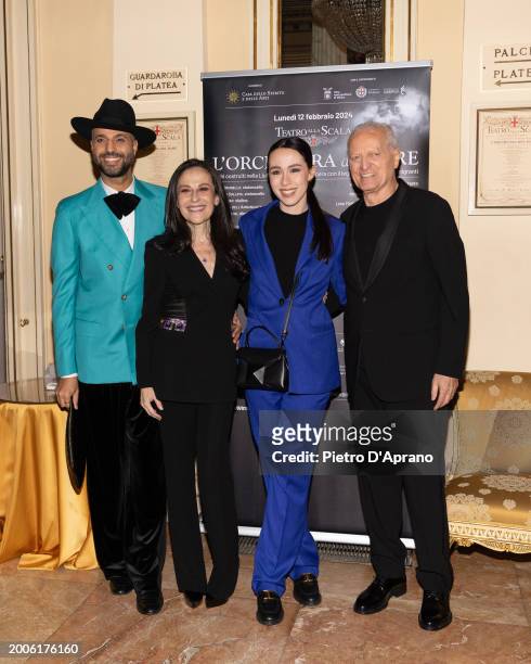 Jonathan Kashanian, Francesca De Stefano, Aurora Ramazzotti and Santo Versace attends a photocall for "L'Orchestra Del Mare" at Teatro Alla Scala on...