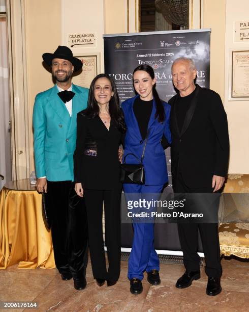 Jonathan Kashanian, Francesca De Stefano, Aurora Ramazzotti and Santo Versace attends a photocall for "L'Orchestra Del Mare" at Teatro Alla Scala on...