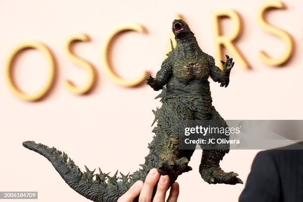 An action figure from Godzilla Minus One is seen during the 96th Oscars Nominees Luncheon at The Beverly Hilton on February 12, 2024 in Beverly...