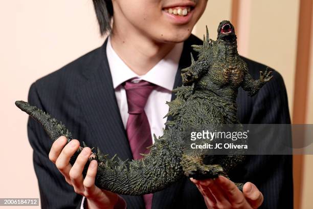 An action figure from Godzilla Minus One is seen during the 96th Oscars Nominees Luncheon at The Beverly Hilton on February 12, 2024 in Beverly...