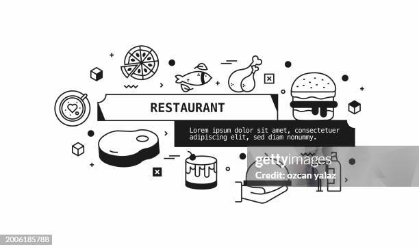 restaurant related vector banner design concept. global multi-sphere ready-to-use template. web banner, website header, magazine, mobile application etc. modern design. - ordering coffee stock illustrations