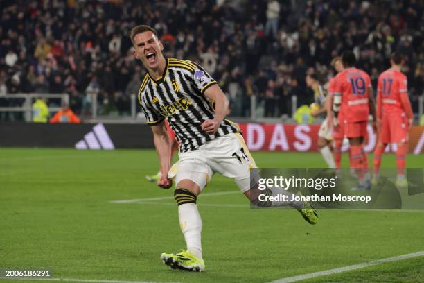 Arkadiusz Milik of Juventus celebrates his goal that was subsequently disallowed as the ball was adjudged to have exited to field of play during the...