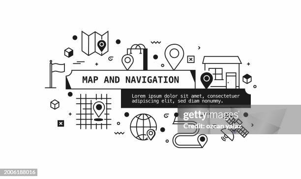map and navigation related vector banner design concept. global multi-sphere ready-to-use template. web banner, website header, magazine, mobile application etc. modern design. - cell signaling pathway stock illustrations