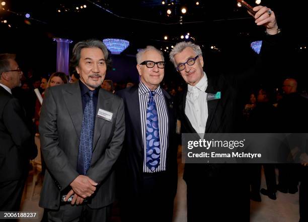 Kōji Yakusho, Howard A. Rodman and Wim Wenders attend the 96th Oscars Nominees Luncheon at The Beverly Hilton on February 12, 2024 in Beverly Hills,...