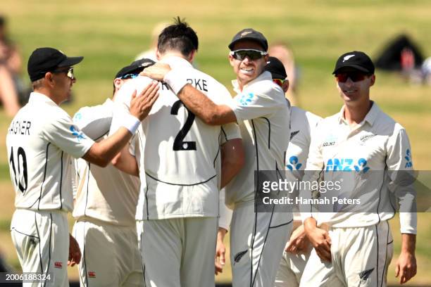 Will O'Rourke of the New Zealand Black Caps celebrates the wicket of Neil Brand of South Africa during day one of the Men's Second Test in the series...