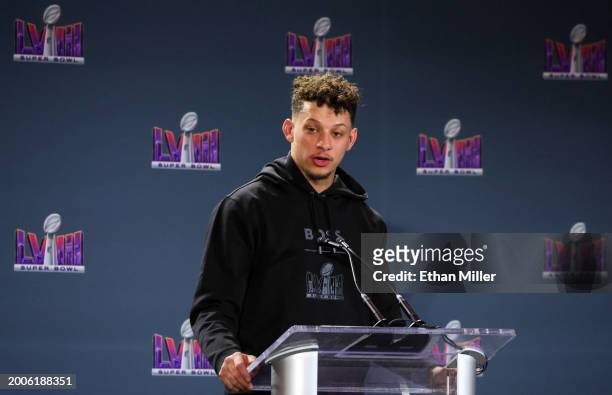 Quarterback Patrick Mahomes of the Kansas City Chiefs answers questions during a news conference for the winning head coach and MVP of Super Bowl...