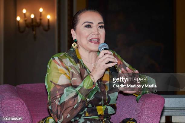 Singer Aida Cuevas speaks during a press conference at Teatro Metropolitan on February 12, 2024 in Mexico City, Mexico.