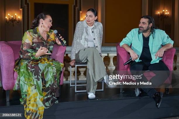 Singer Aida Cuevas, Valeria Cuevas and producer Sergio Gabriel speak during a press conference at Teatro Metropolitan on February 12, 2024 in Mexico...
