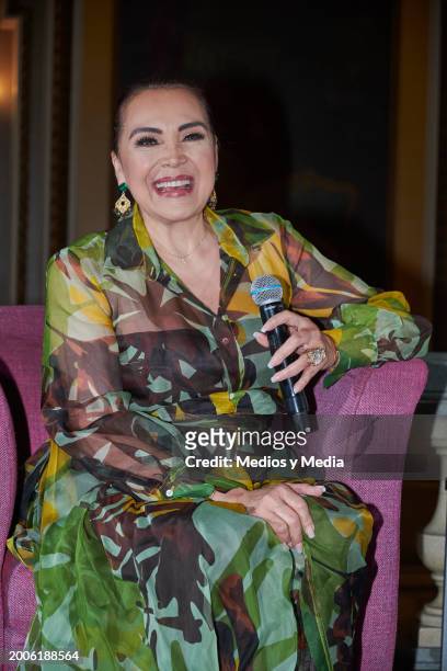 Singer Aida Cuevas attends during a press conference at Teatro Metropolitan on February 12, 2024 in Mexico City, Mexico.
