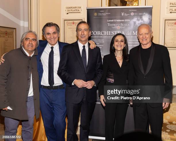 Guest, Arnoldo Mosca Mondadori , Beppe Sala, Francesca De Stefano and Santo Versace attends a photocall for "L'Orchestra Del Mare" at Teatro Alla...