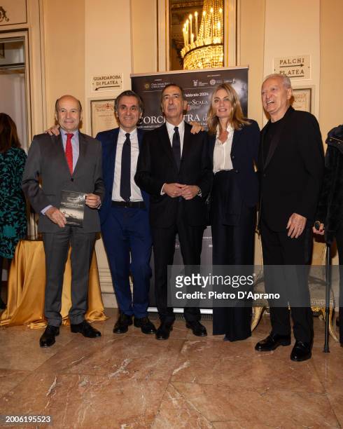 Dominique Mayer, Arnoldo Mosca Mondadori, Beppe Sala, Chiara Bazoli and Santo Versace attends a photocall for "L'Orchestra Del Mare" at Teatro Alla...