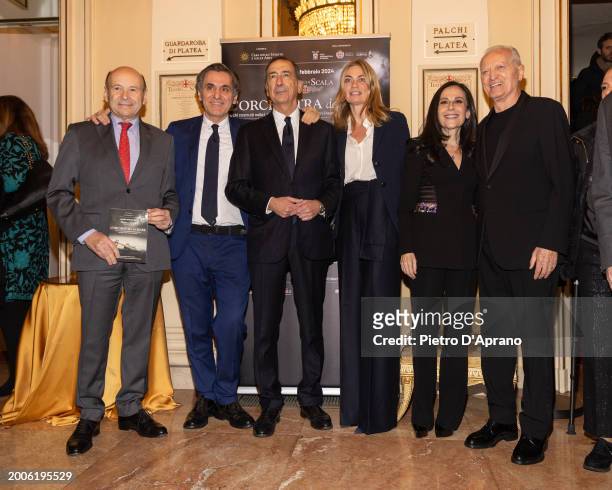Dominique Mayer, Arnoldo Mosca Mondadori, Beppe Sala, Chiara Bazoli, Francesca De Stefano and Santo Versace attends a photocall for "L'Orchestra Del...