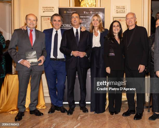 Dominique Mayer, Arnoldo Mosca Mondadori, Beppe Sala, Chiara Bazoli, Francesca De Stefano and Santo Versace attends a photocall for "L'Orchestra Del...