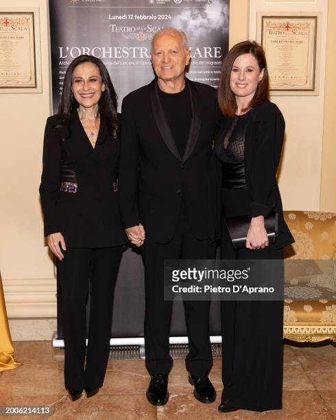 Francesca De Stefano, Santo Versace and Sarah Maestri attends a photocall for "L'Orchestra Del Mare" at Teatro Alla Scala on February 12, 2024 in...
