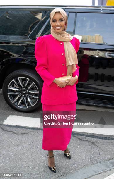 Model Halima Aden is seen arriving to the Carolina Herrera fashion show during New York Fashion Week on February 12, 2024 in New York City.