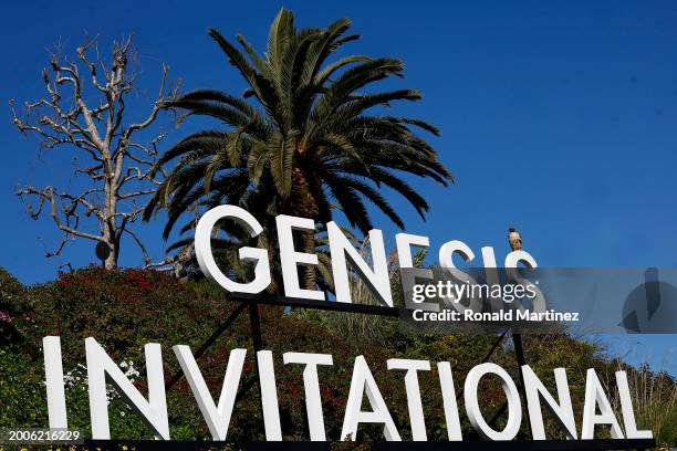 Red-tailed hawk sits on the Genesis Invitational logo during the 2024 Collegiate Showcase prior to The Genesis Invitational at Riviera Country Club...