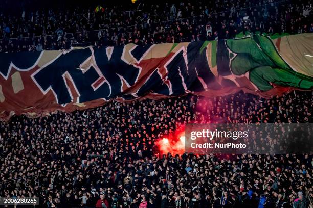The atmosphere is electric in the stadium during the match between Feyenoord and AS Roma at the Feyenoord stadium De Kuip for the Europa League...