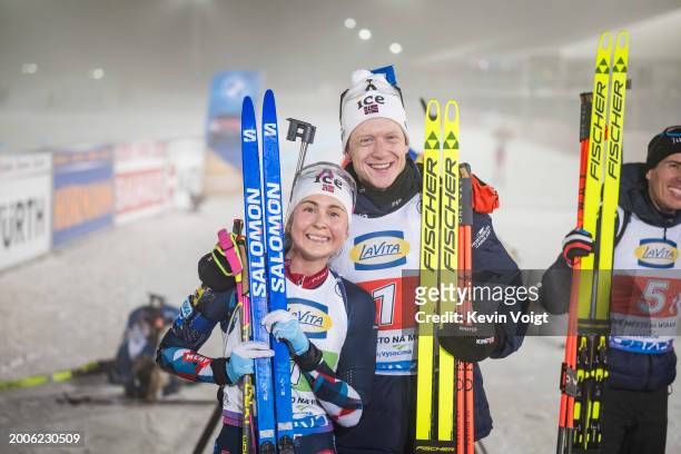 Ingrid Landmark Tandrevold of Norway and Johannes Thingnes Boe of Norway celebrates in the finish for placing third at the Single Mixed Relay at the...
