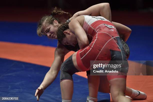 Buse Tosun Cavusoglu of Turkiye competes against Tetiana Rizhko of Ukraine during the Senior Wrestling European Championships final women's wrestling...