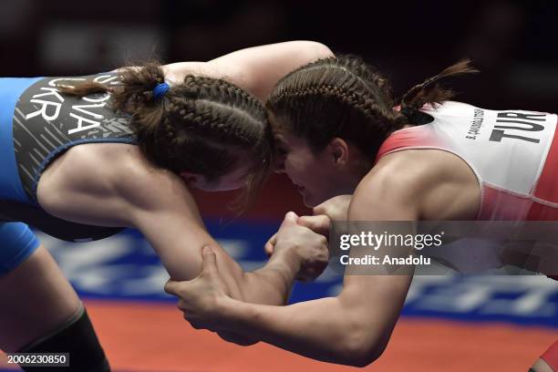 Buse Tosun Cavusoglu of Turkiye competes against Tetiana Rizhko of Ukraine during the Senior Wrestling European Championships final women's wrestling...