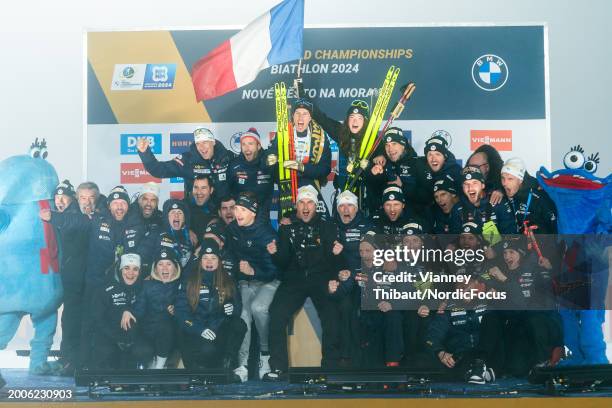 Quentin Fillon Maillet of France takes first place, Lou Jeanmonnot of France takes first place during the Single Mixed Relay at the IBU World...