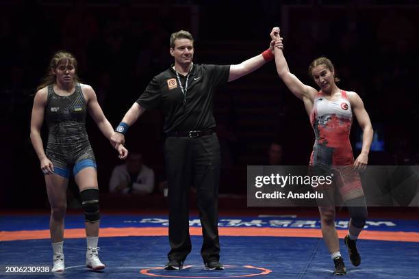 Buse Tosun of Turkiye wins the gold medal against Tetiana Rizhko of Ukraine during the Senior Wrestling European Championships final women's...