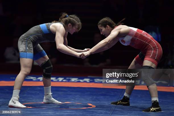 Buse Tosun Cavusoglu of Turkiye competes against Tetiana Rizhko of Ukraine during the Senior Wrestling European Championships final women's wrestling...