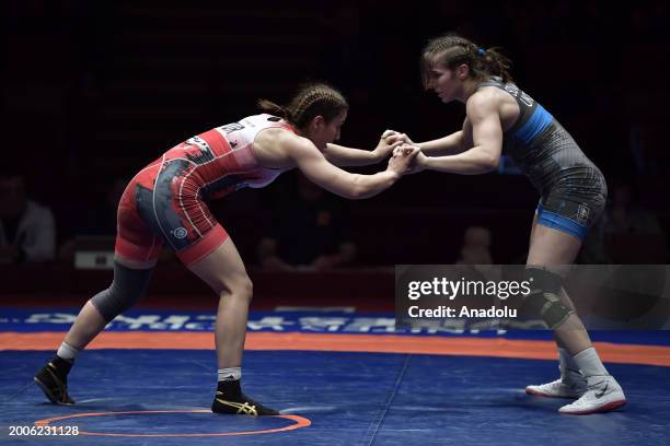 Buse Tosun of Turkiye competes against Tetiana Rizhko of Ukraine during the Senior Wrestling European Championships final women's wrestling 68 kg...