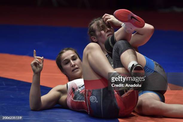 Buse Tosun Cavusoglu of Turkiye competes against Tetiana Rizhko of Ukraine during the Senior Wrestling European Championships final women's wrestling...