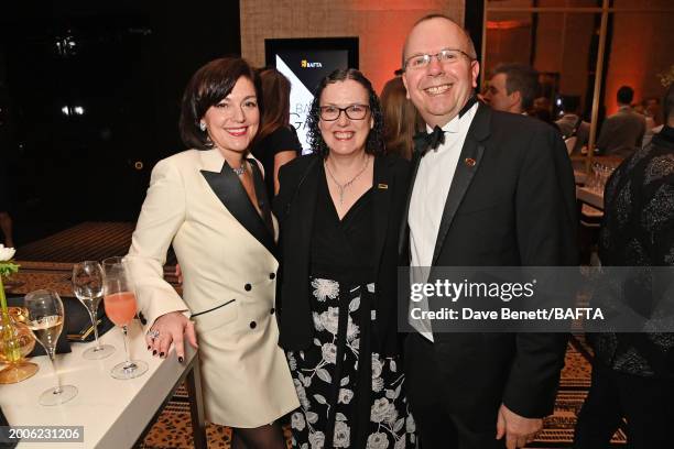 Jane Millichip, Karen Needham and Col Needham attend the BAFTA Gala 2024, supported by Bulgari at The Peninsula Hotel on February 15, 2024 in London,...