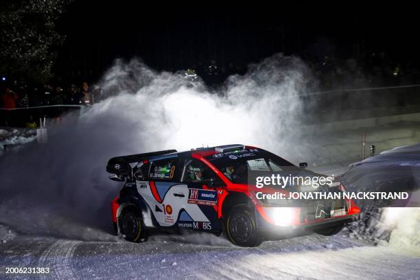 Ott Tanak of Estonia and his co-driver Martin Jarveoja of Estonia steer their Hyundai i20 N Rally1 HYBRID during the Umea Sprint 1, 1st stage of the...