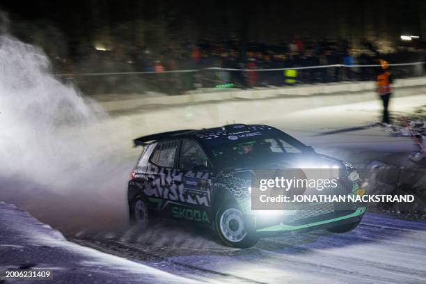 Oliver Solberg of Sweden and his co-driver Elliott Edmondson of Great Britain steer their Skoda Fabia RS during the Umea Sprint 1, 1st stage of the...